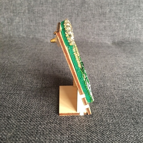 Felt Fabric Rhinestone & Sequin Champagne Bottle Shamrock Earrings, Green, Gold - Picture 8 of 16